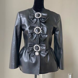 Gucci bow Leather Jacket black crystal peplum coat button up sz 38